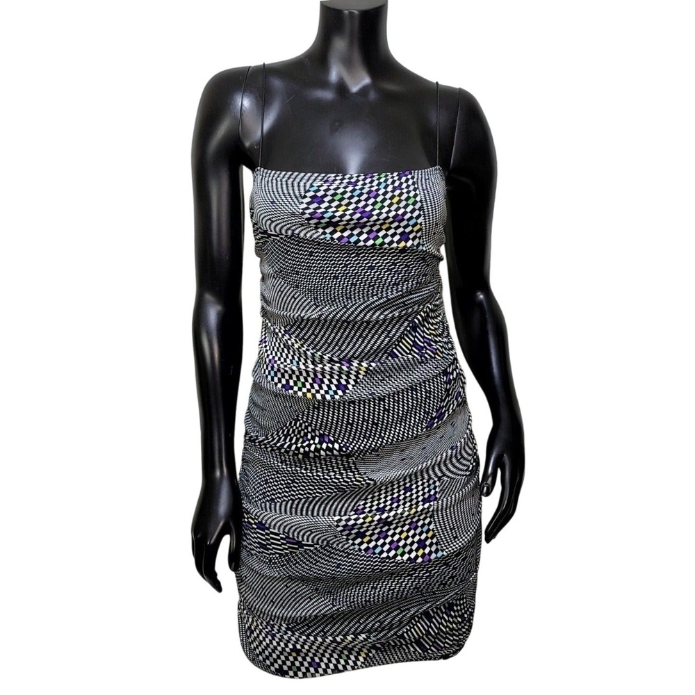 One By One Women Black White Optical Illusion Ruched Bodycon Mini Dress Large